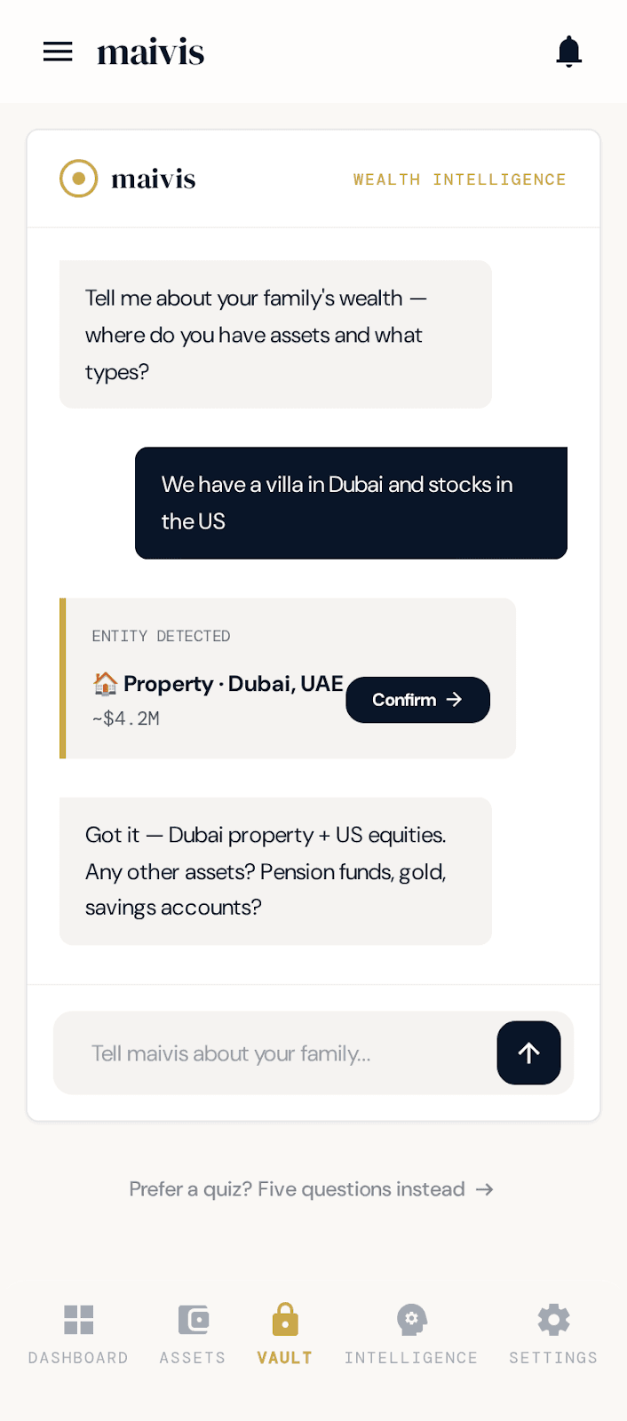 maivis AI chat on mobile, conversational wealth mapping